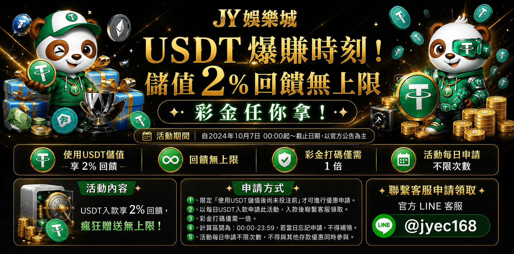 USDT爆賺時刻｜儲值2%回饋無上限