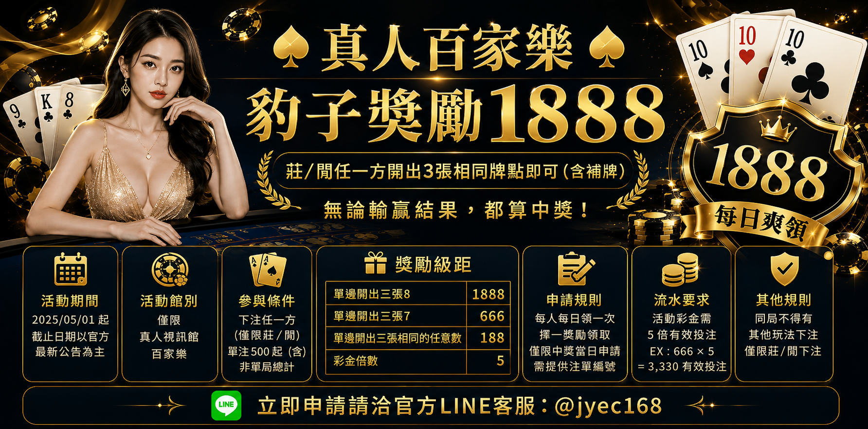 真人百家豹子獎勵1888｜開出3張相同牌點即中獎